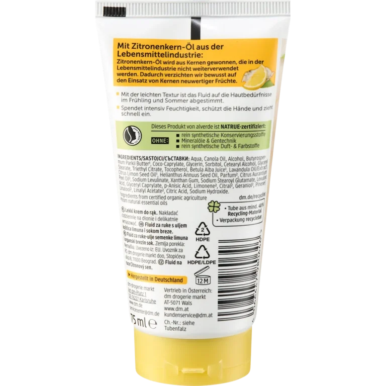 alverde Hand Fluid Lemon Dream back packaging ingredients and details