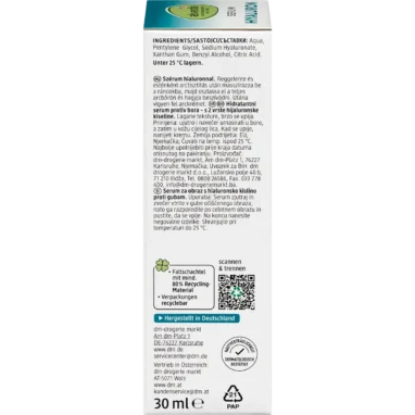 Back packaging of alverde Hyaluronic Acid Serum showing ingredients and application instructions