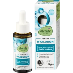 alverde Hyaluronic Acid Serum 30 ml front packaging, NATRUE-certified facial hydration serum