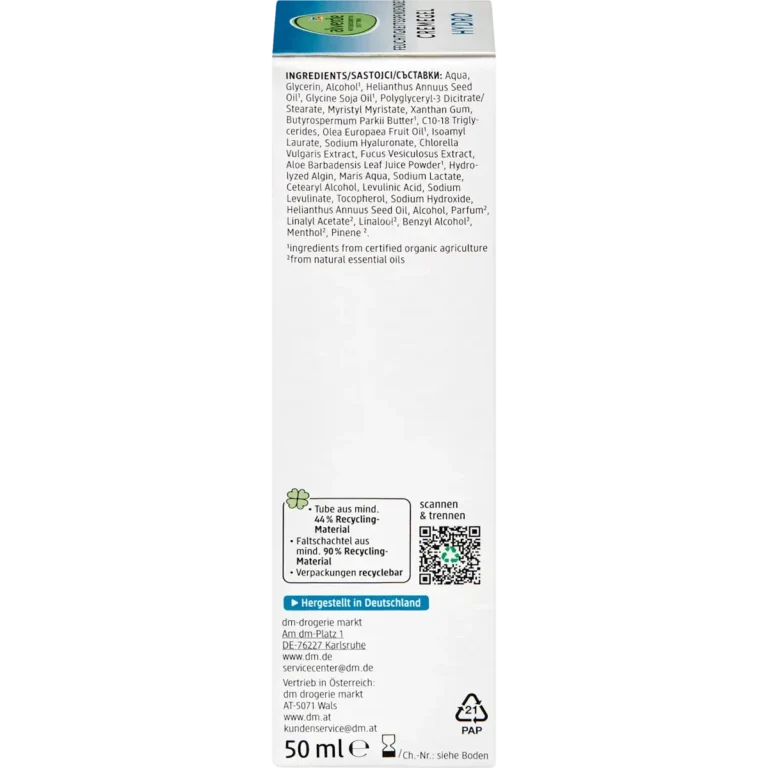 alverde Hydro Face Cream Gel side packaging and details