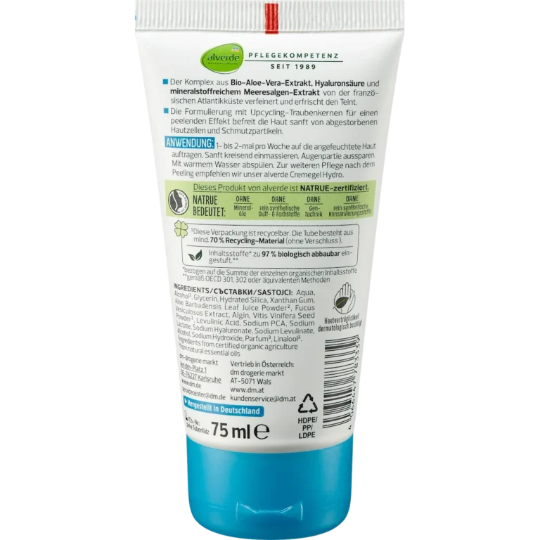 Alverde Hydro Facial Scrub with Aloe Vera & Hyaluronic Acid, 75 ml alverde Hydro Face Scrub back packaging ingredients and details