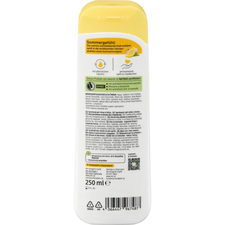 Alverde Lemon Dream Shower Gel, 250ml alverde Lemon Dream Shower Gel back packaging ingredients and details