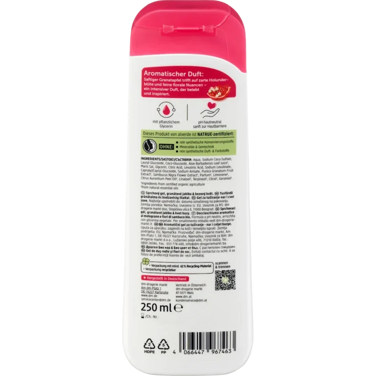 alverde Pomegranate and Elderflower Shower Gel back packaging ingredients and details