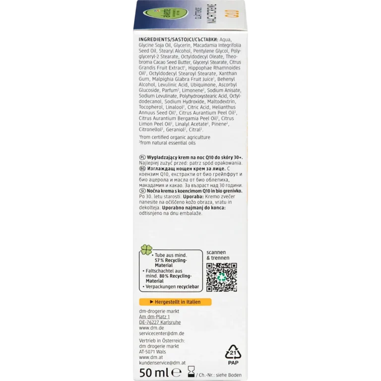 alverde Q10 Night Cream 30+ side packaging ingredients