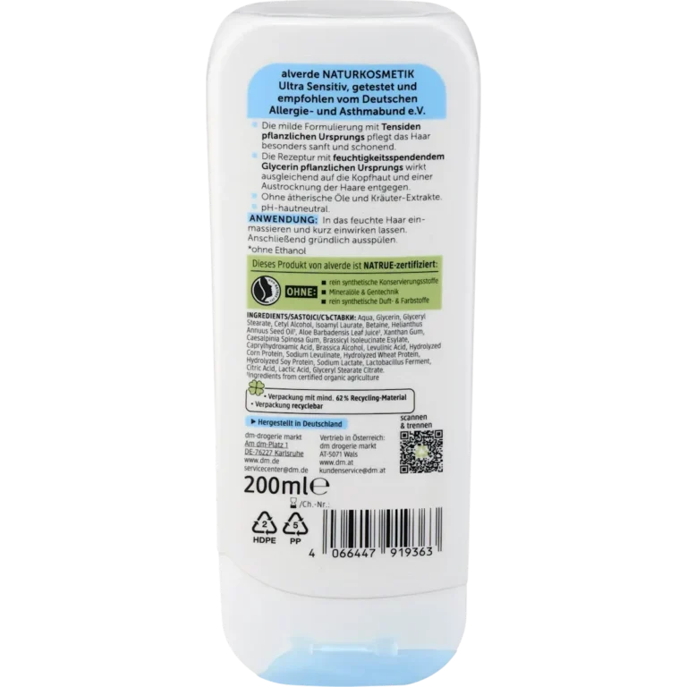 Back of alverde Ultra Sensitive Conditioner 200 ml with ingredients and directions