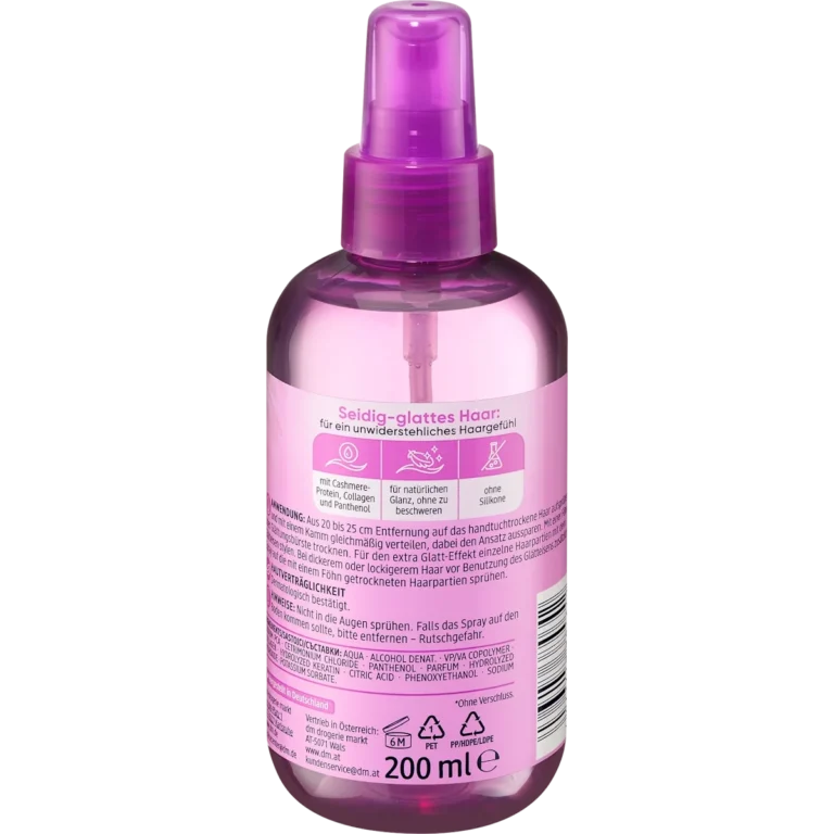 Balea anti frizz spray packaging back ingredients