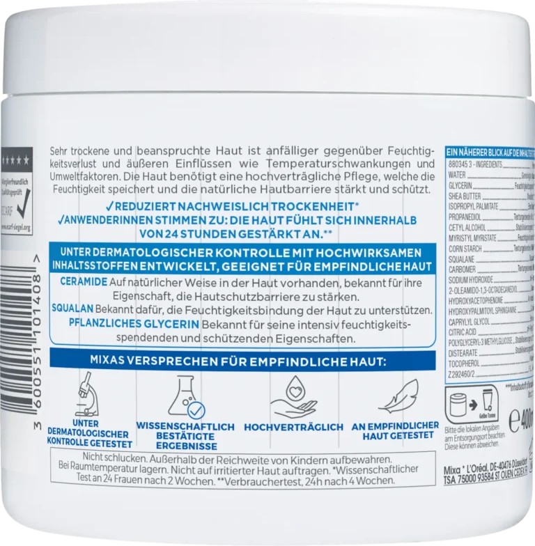 Mixa Ceramide Protect Cream, 400ml Mixa Ceramide Protect Multi Purpose Cream back packaging ingredients and usage instructions