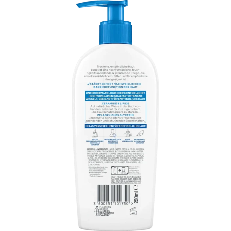 Mixa Ceramide Protect Body Lotion, 250ml Mixa Ceramide Protect Body Lotion back packaging ingredients and instructions