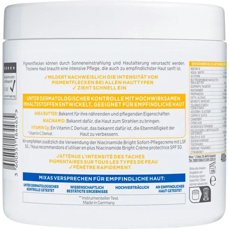 Mixa Niacinamide Bright Moisturizing Anti-Dark Spot Cream, 400ml Mixa Niacinamide Bright cream ingredients and packaging back view