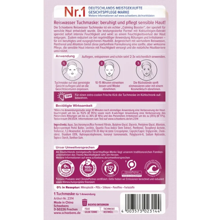 Schaebens Rice Water Sheet Mask back packaging with ingredients and directions
