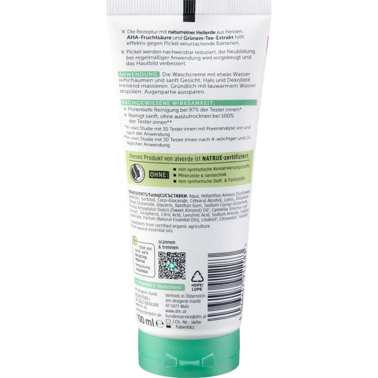 alverde Clear Cleansing Cream back packaging ingredients and details