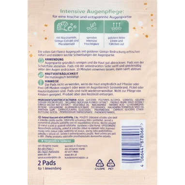 Balea Energizing Eyepads Gel-Fleece, 1pc. Ingredient list of Balea Eye Pads showing Niacinamide and Ginkgo extract