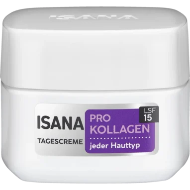 Isana Pro-Collagen Day Cream, 50ml ISANA Pro-Kollagen Tagescreme LSF15 back label with ingredients and usage instructions
