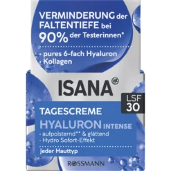 ISANA Hyaluron Intense Day Cream SPF 30 50 ml with 6x hyaluronic acid for hydrating and plumping skin care