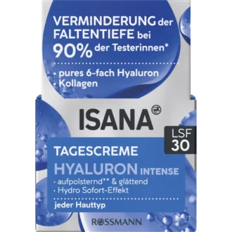 ISANA Hyaluron Intense Day Cream SPF 30, 50 ml ISANA Hyaluron Intense Day Cream SPF 30 50 ml with 6x hyaluronic acid for hydrating and plumping skin care