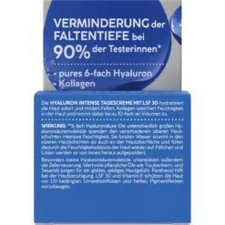 Back of ISANA Hyaluron Intense Day Cream SPF 30 50 ml showing ingredients and product information