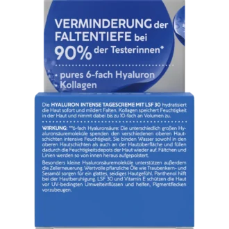 Back of ISANA Hyaluron Intense Day Cream SPF 30 50 ml showing ingredients and product information