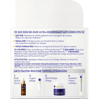 NIVEA Q10 Anti-Wrinkle Extra Rich Day Cream SPF 15 packaging with Q10, squalane and argan oil
