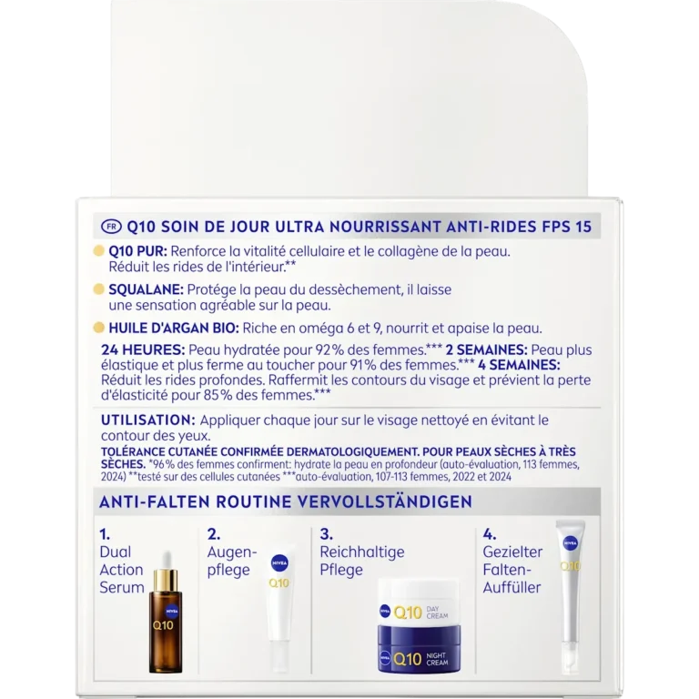 Nivea Q10 Anti-Wrinkle Extra Rich Day Cream SPF 15, 50ml NIVEA Q10 Anti-Wrinkle Extra Rich Day Cream SPF 15 packaging with Q10, squalane and argan oil