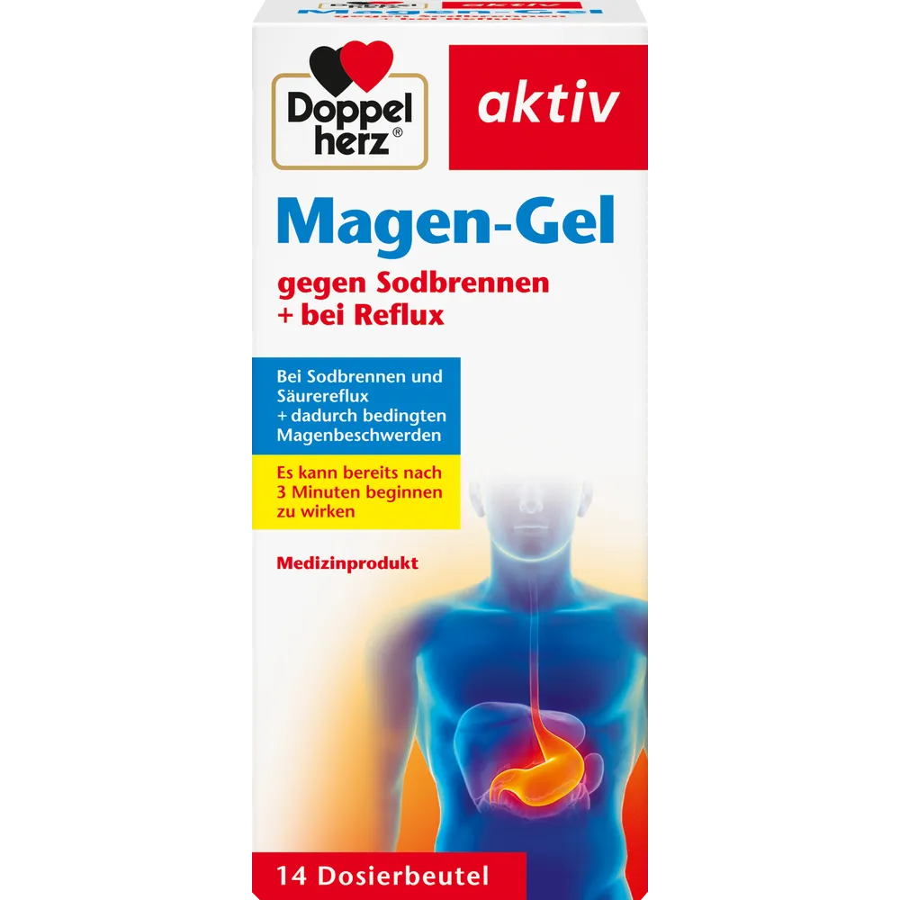Doppelherz Active Stomach Gel, 14pc Doppelherz Stomach Gel sachets front packaging heartburn reflux relief