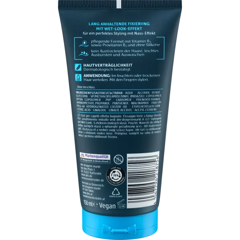 Balea Men Wet Look Styling Gel, 150 ml Balea Men wet look hair gel back packaging ingredients