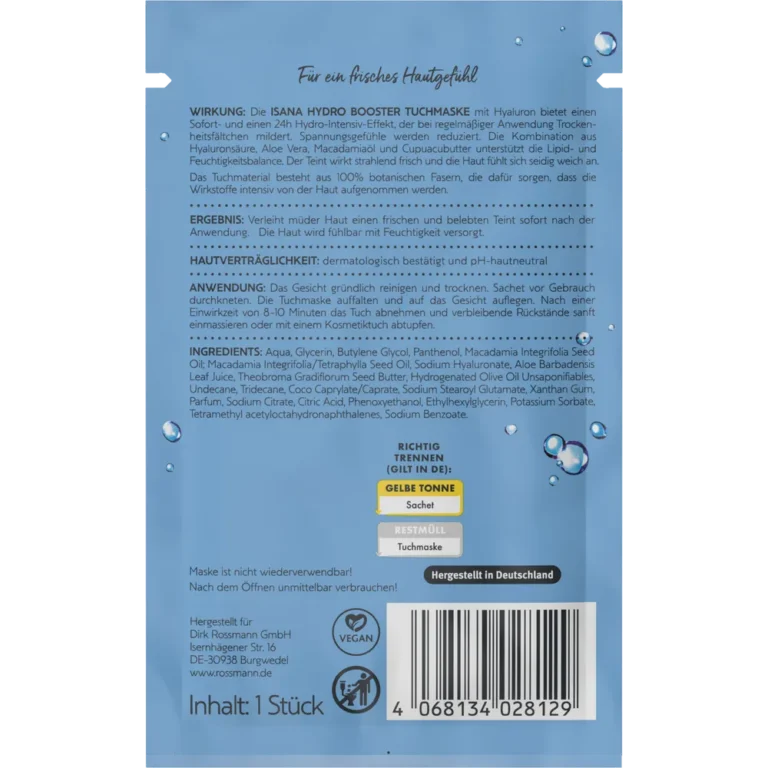 ISANA Hydro Booster Mask ingredients packaging back