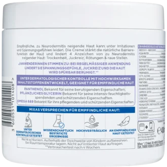 Mixa Panthenol Comfort Cream back ingredients label
