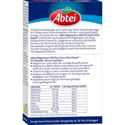 Abtei Magnesium 500 Plus Vital Depot with B Vitamins, 42 Tablets Back of Abtei Magnesium 500 Plus Vital Depot package showing nutritional values, ingredients and dosage