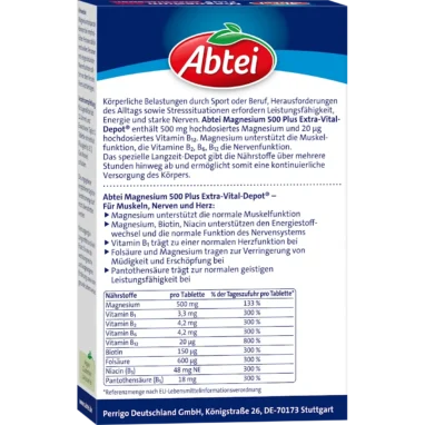 Abtei Magnesium 500 Plus Vital Depot with B Vitamins, 42 Tablets Back of Abtei Magnesium 500 Plus Vital Depot package showing nutritional values, ingredients and dosage
