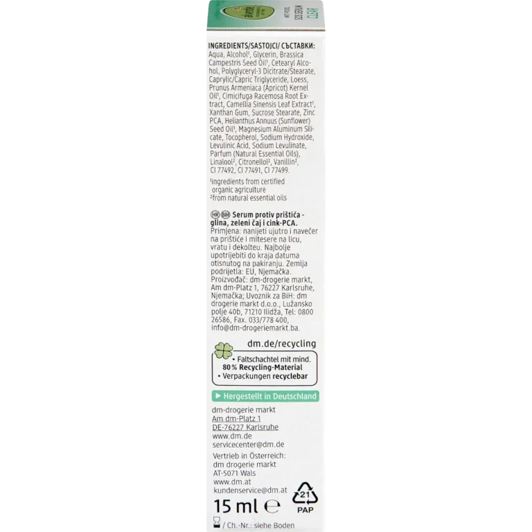 alverde Anti-Pimple SOS Serum Clear back packaging ingredients and details
