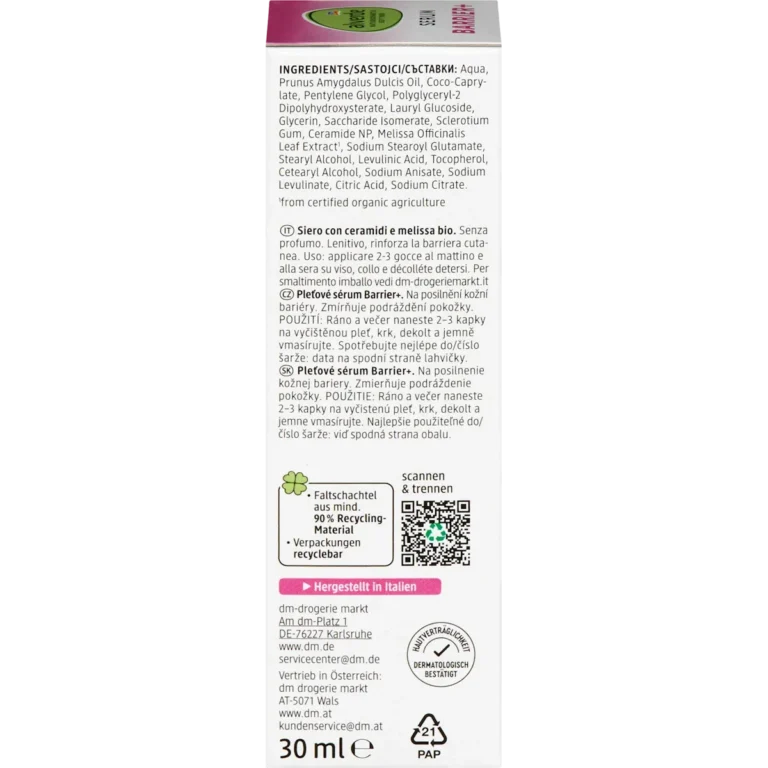 alverde Barrier Serum back packaging ingredients and details