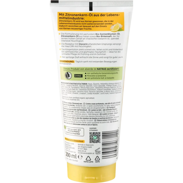 alverde Lemon Dream Body Lotion back packaging ingredients and details