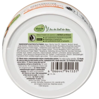 Back of alverde Macadamia Nut Body Butter 200 ml with ingredients and product information