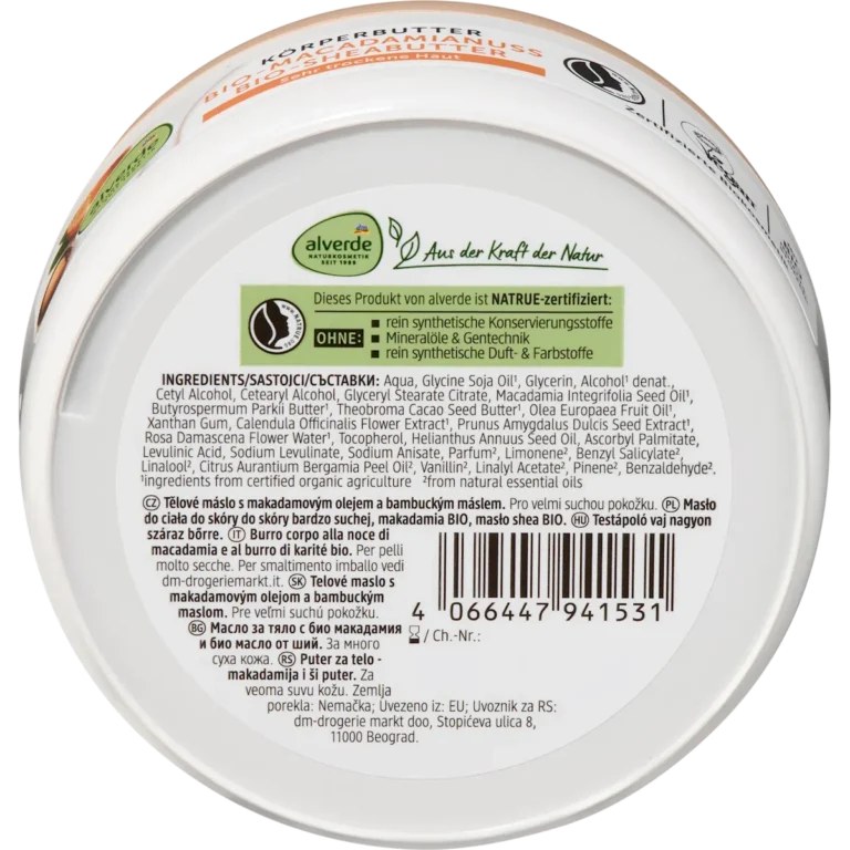 Alverde Body Butter Macadamia, 200ml Back of alverde Macadamia Nut Body Butter 200 ml with ingredients and product information