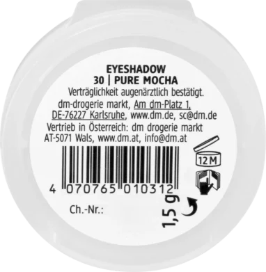 Back label of alverde Mono Matte Eyeshadow 30 Pure Mocha 1.5 g compact