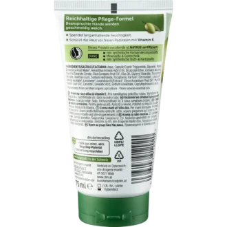 alverde Olive Hand Cream back packaging ingredients and details