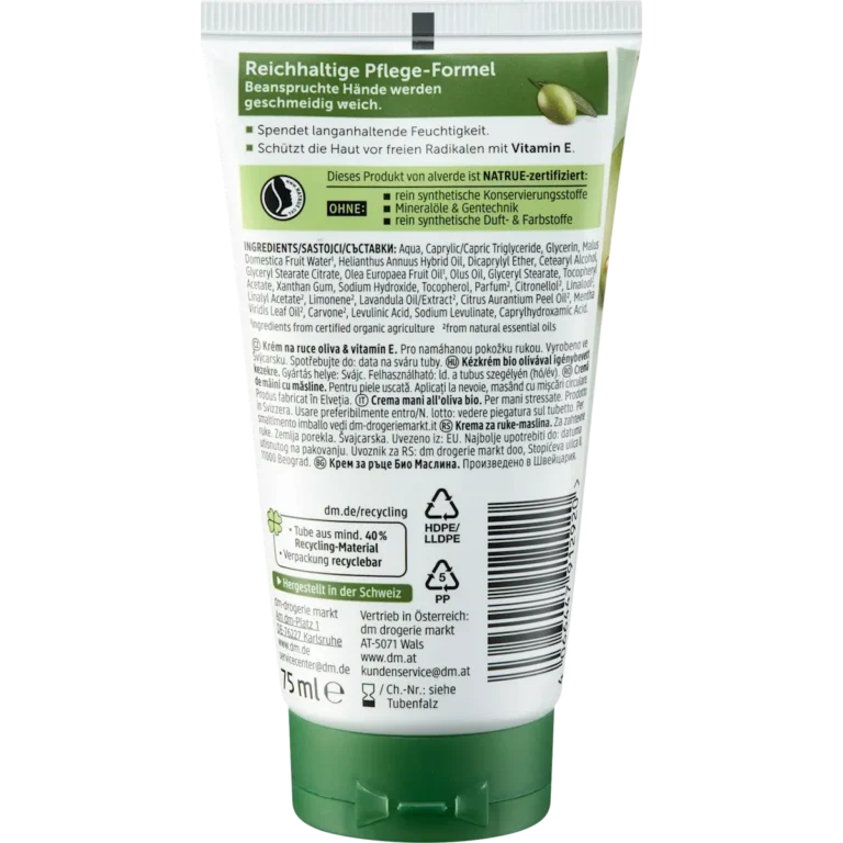 alverde Olive Hand Cream back packaging ingredients and details