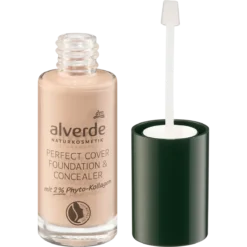 alverde Perfect Cover Foundation & Concealer 40 Caramel, 25 ml, with 2% phyto-collagen
