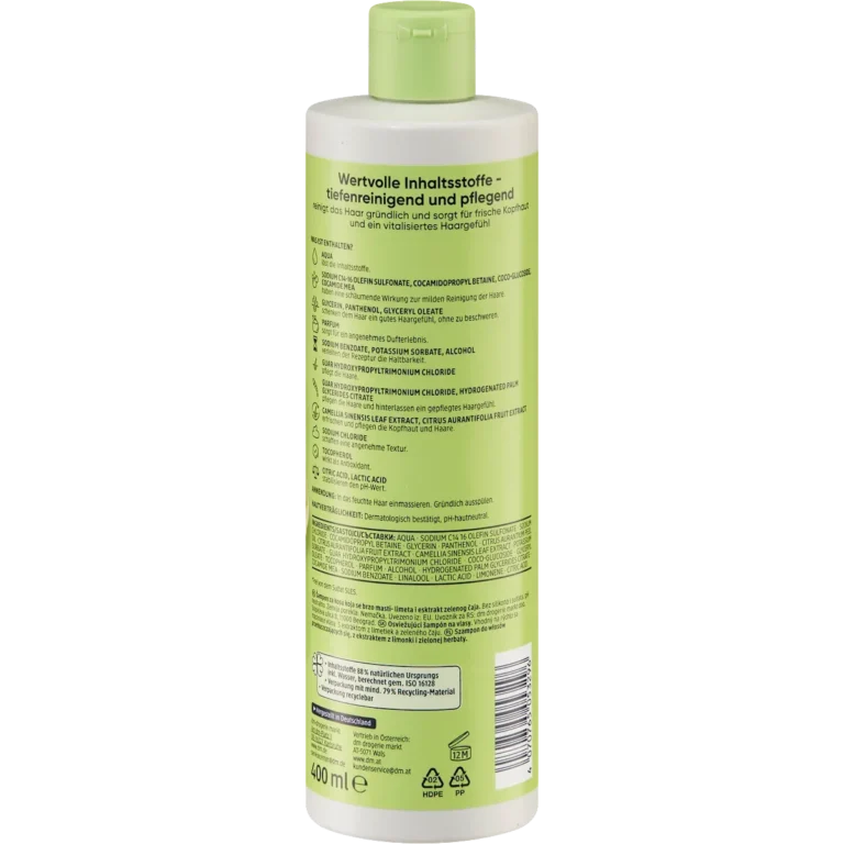 Back of Balea Beauty Essentials Refreshing Shampoo 400 ml bottle with ingredients and product information