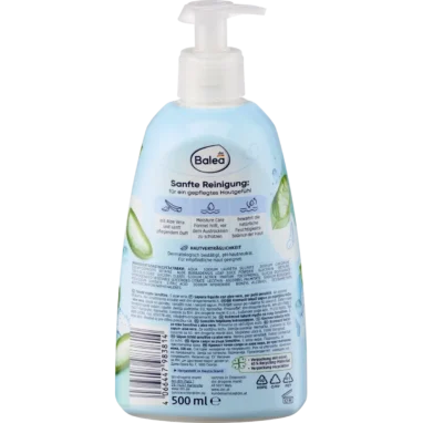 Balea Sensitive Liquid Hand Soap, 500 ml – back of the pump bottle with ingredients and product information