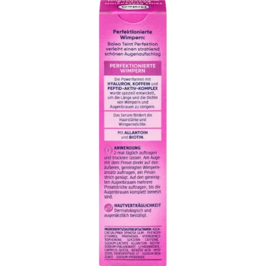 Back of Balea Teint Perfektion Eyelash and Eyebrow Serum packaging showing ingredients and application instructions
