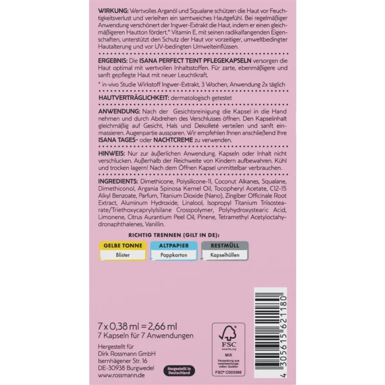 ISANA Perfect Complexion Face Care Capsules back packaging with ingredients and directions
