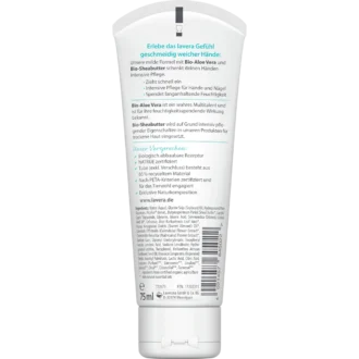 Back of lavera basis sensitiv Hand Cream 75 ml packaging
