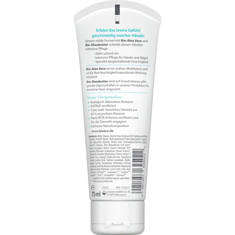 Back of lavera basis sensitiv Hand Cream 75 ml packaging