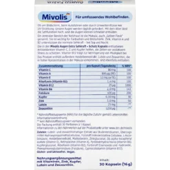 Back of Mivolis Eye Extra 30-capsule package with ingredients, nutritional values and daily dosage instructions