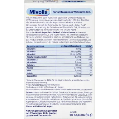 Back of Mivolis Eye Extra 30-capsule package with ingredients, nutritional values and daily dosage instructions