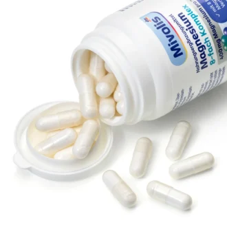 Close-up of Mivolis Magnesium 8-Complex capsules