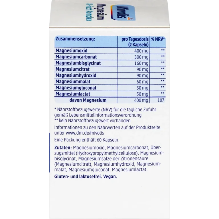 Mivolis Magnesium 8-Complex Capsules 400mg, 60pc Mivolis Magnesium 8-Complex Capsules ingredients and magnesium sources