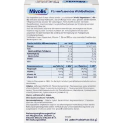 Mivolis Magnesium + Vitamin C + B6 + B12 Lozenges, 30 Tablets Mivolis Magnesium + Vitamin C, B6 & B12 Lozenges back with nutrition information