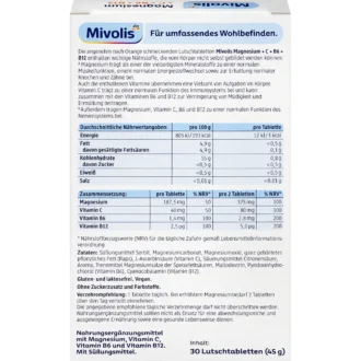 Mivolis Magnesium + Vitamin C, B6 & B12 Lozenges back with nutrition information